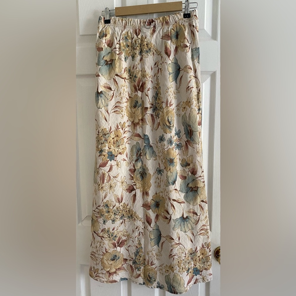 TSD Two Star Dog Floral Linen Maxi Skirt Boho Cottagecore Elastic Waist
